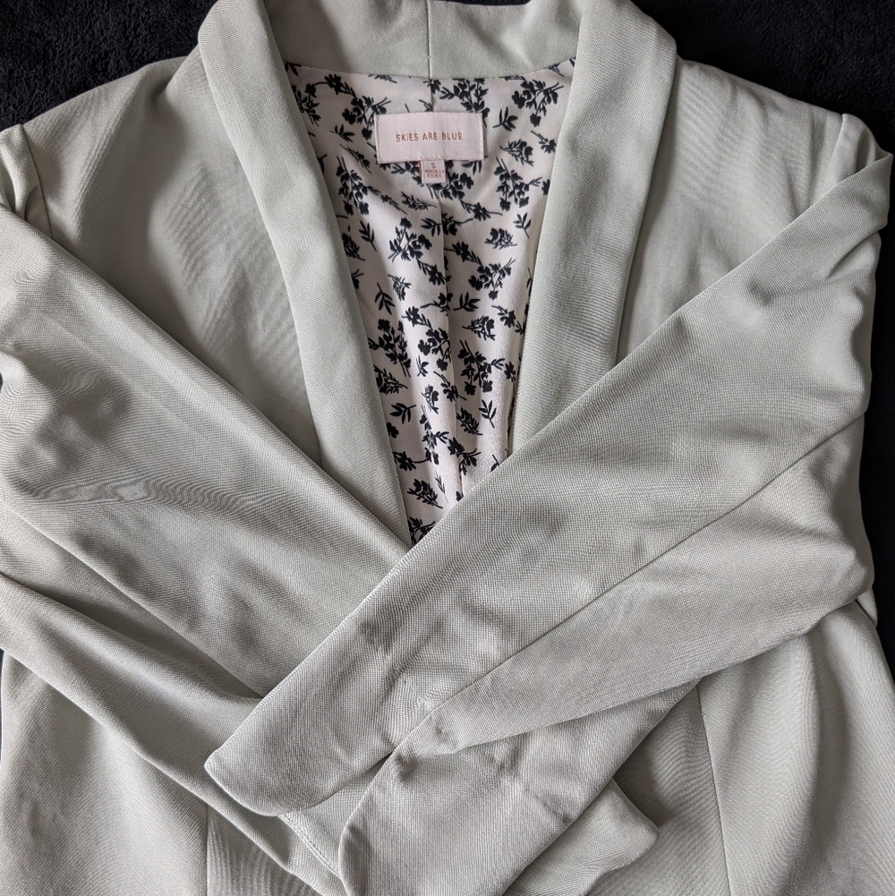 Sage Green Open Front Scuba Blazer Floral Lining Office Casual Feminine Sz S image 6
